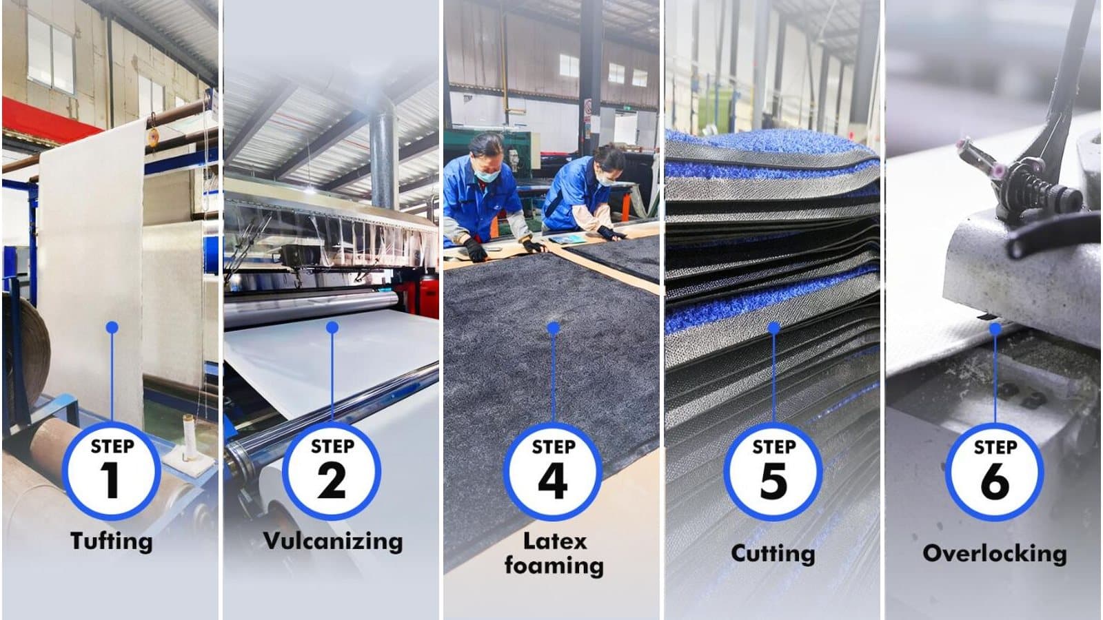 Door mat production steps: tufting, vulcanizing a rubber backing, latex foaming, cutting and overlocking