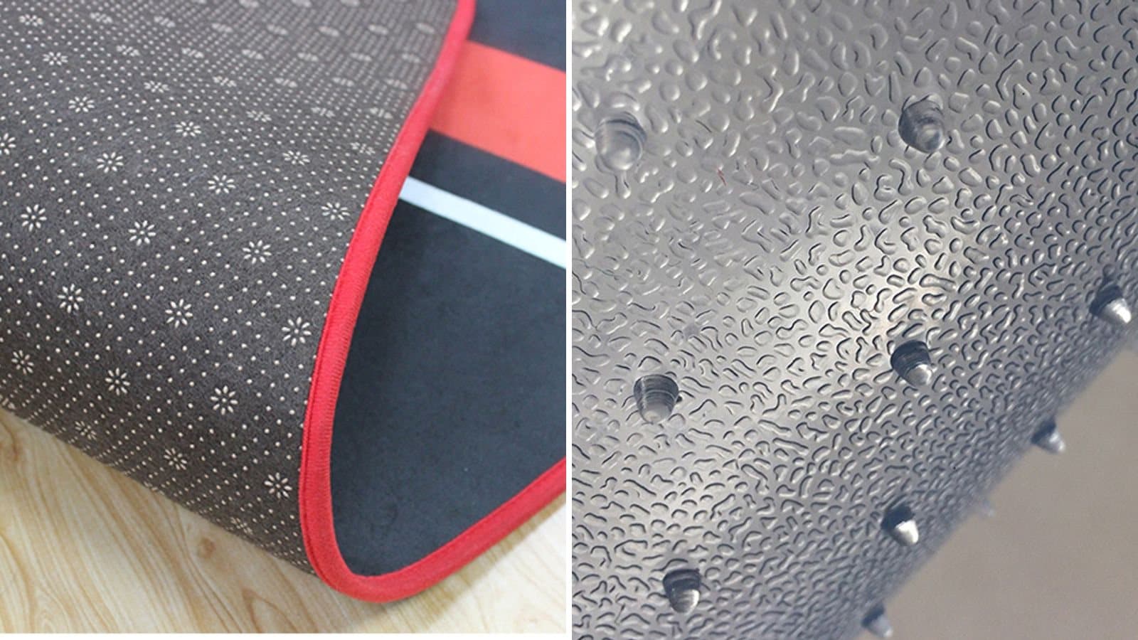 Close-up comparison of a printed gaming chair mat's rubber underside and a clear PVC chair mat with carpet grippers