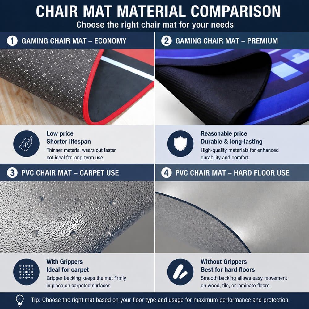 Comparison of economy and premium gaming chair mats with PVC chair mats for carpet and hard floors