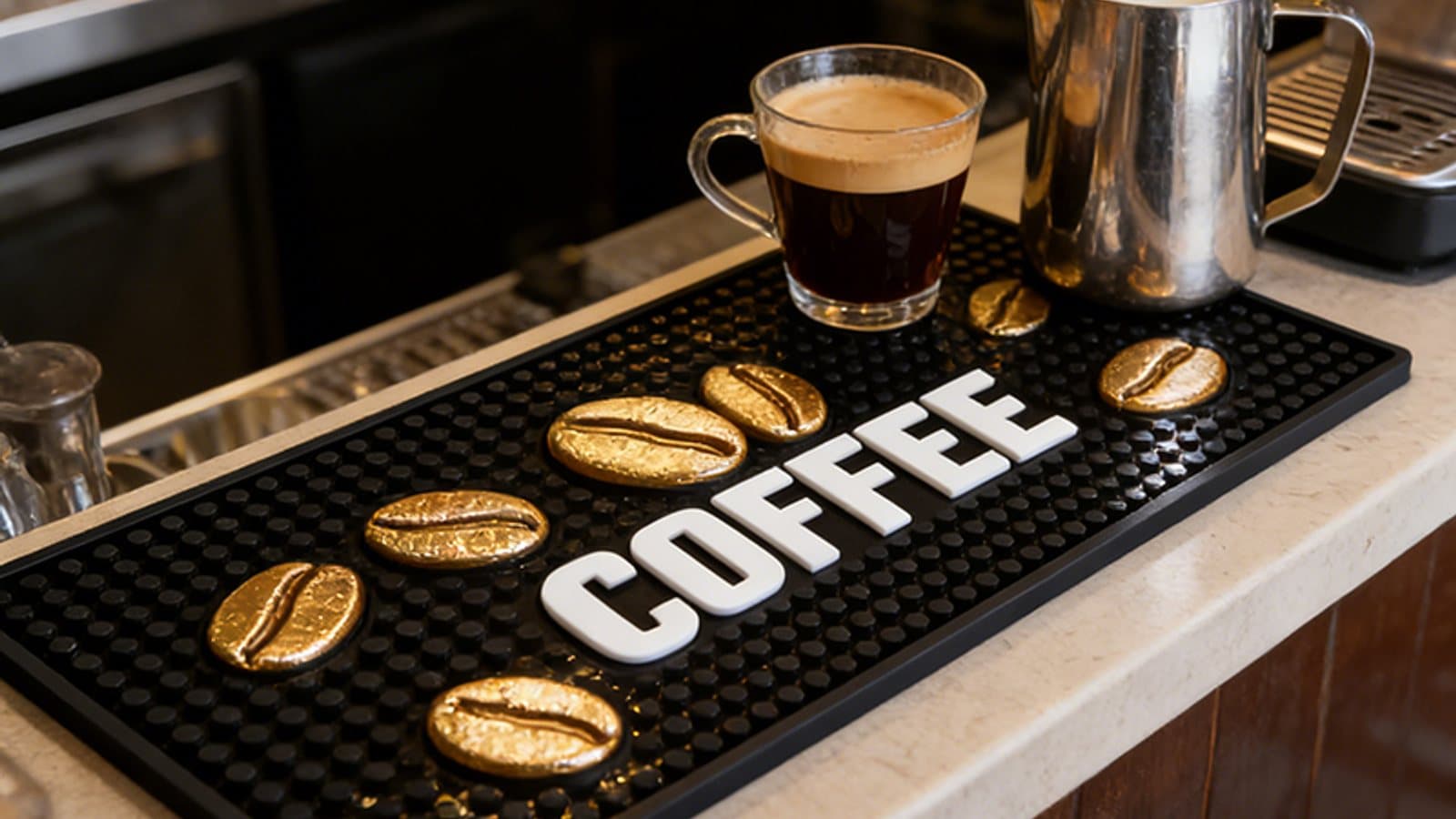 Black custom bar mat with a moulded COFFEE logo and raised grid surface on a café counter
