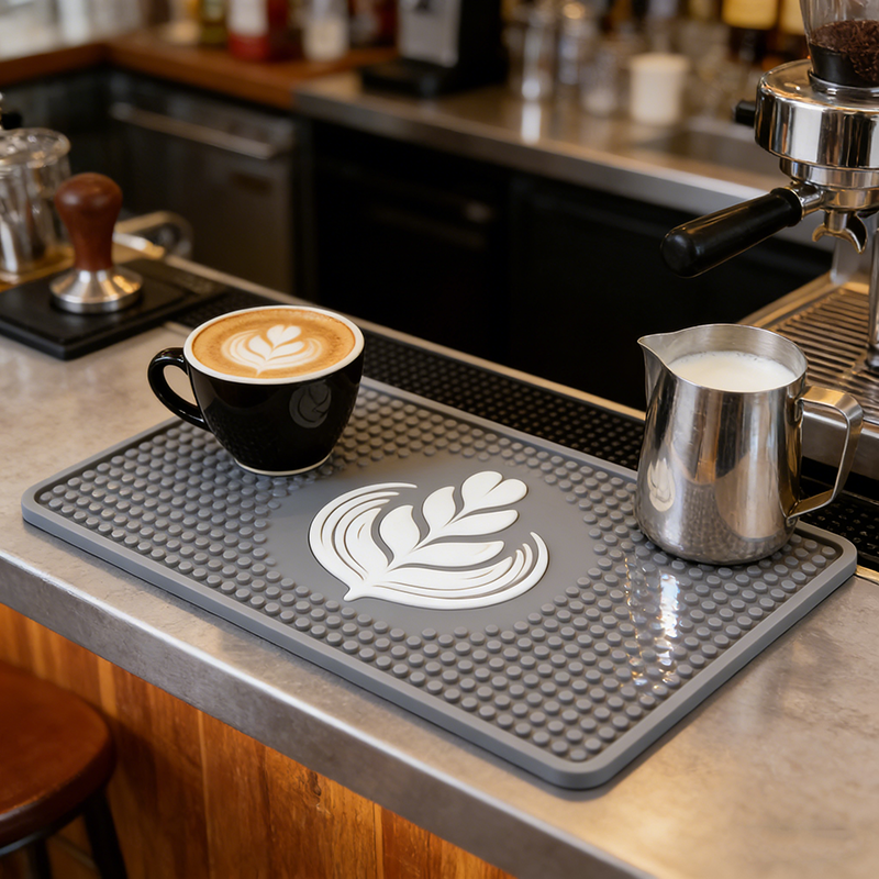 Example of a branded counter mat at a coffee shop point of sale