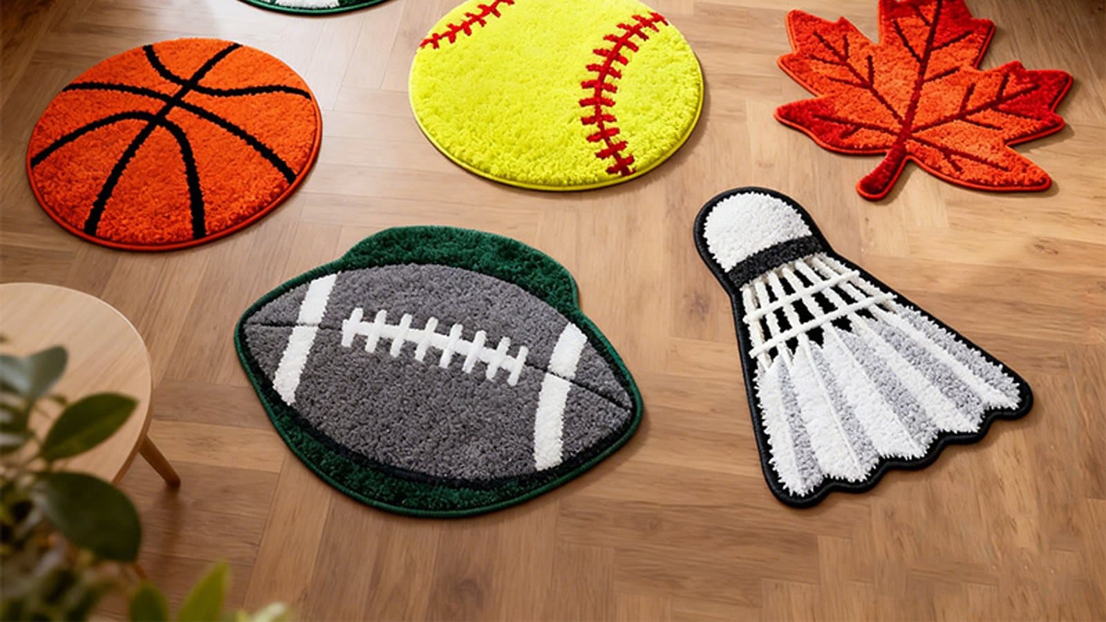 Irregular shaped tufted rugs shaped like a basketball, soccer ball, softball, maple leaf and shuttlecock on a wooden floor