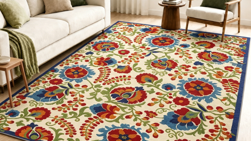 Example of a custom-sized area rug filling a living room floor