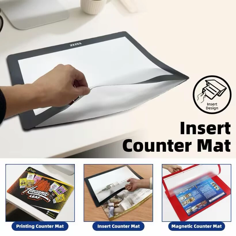 Custom insert counter mat with a lift-up flap for changeable printed inserts