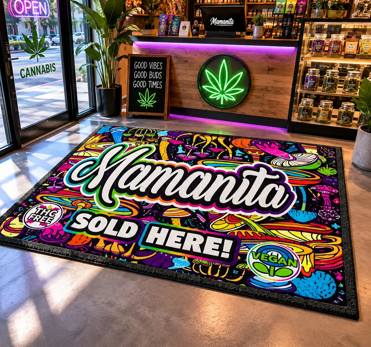 Custom printed logo mat installed at a retail entrance
